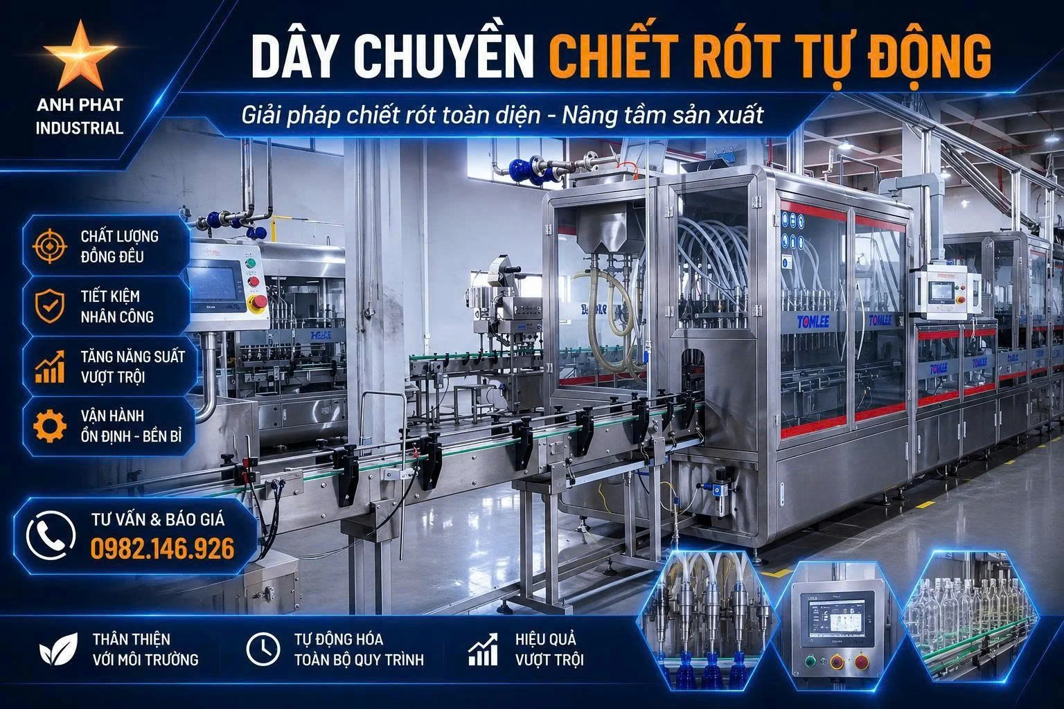 Dây chuyền chiết rót, đóng nắp chai, dán nhãn, đóng thùng tự động