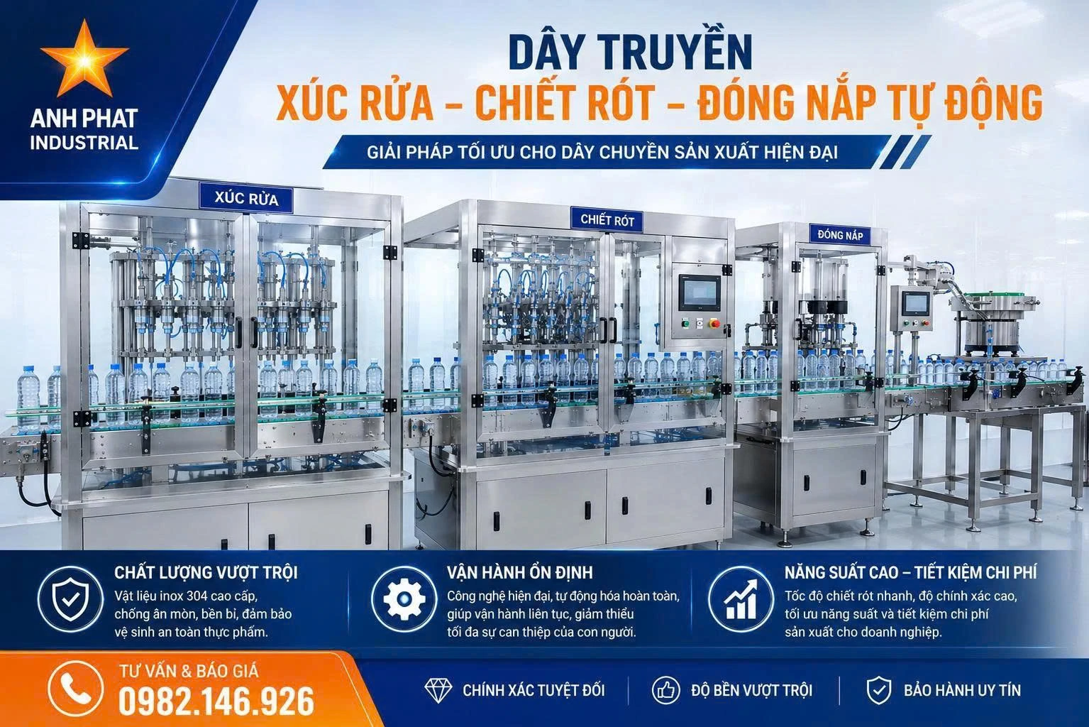 Dây truyền xúc rửa chiết rót đóng nắp chai nhựa tự động
